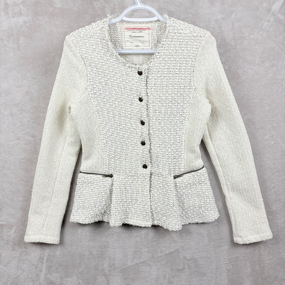 Anthropologie Cartonnier Cream Knit Blazer Top Women's Size M Peplum Office Work